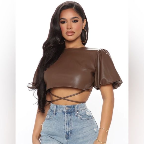 Kirious Tops - Kirious brown faux leather backless puff sleeve crop top size medium